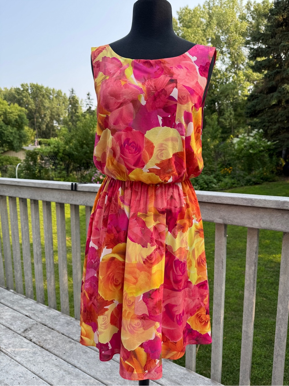 Alice + Olivia Becky Silk Watercolor Floral Dress in Fuchsia Orange Yellow